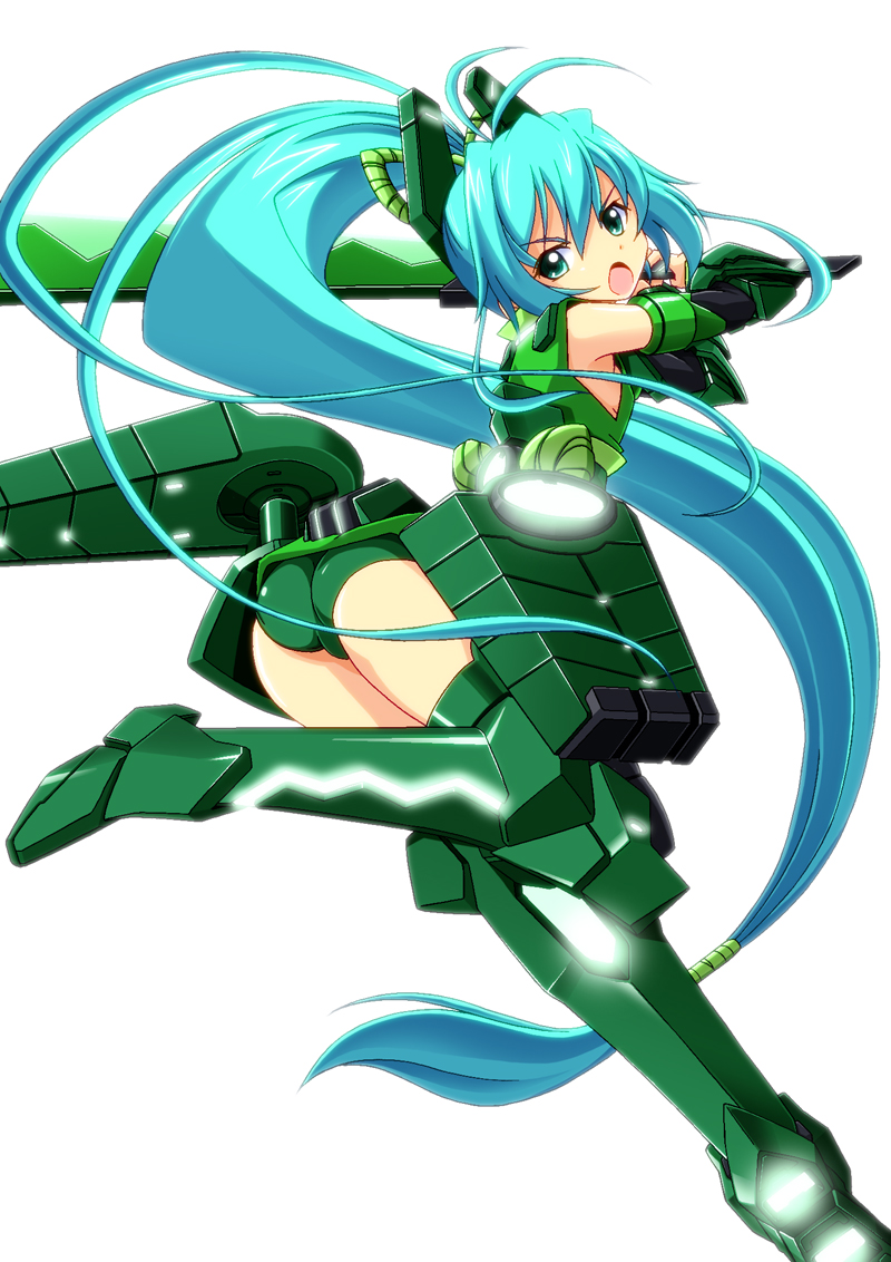 1girl, aqua_eyes, armor, ass, chouzetsu_yarou, fusion, gauntlets, greaves
