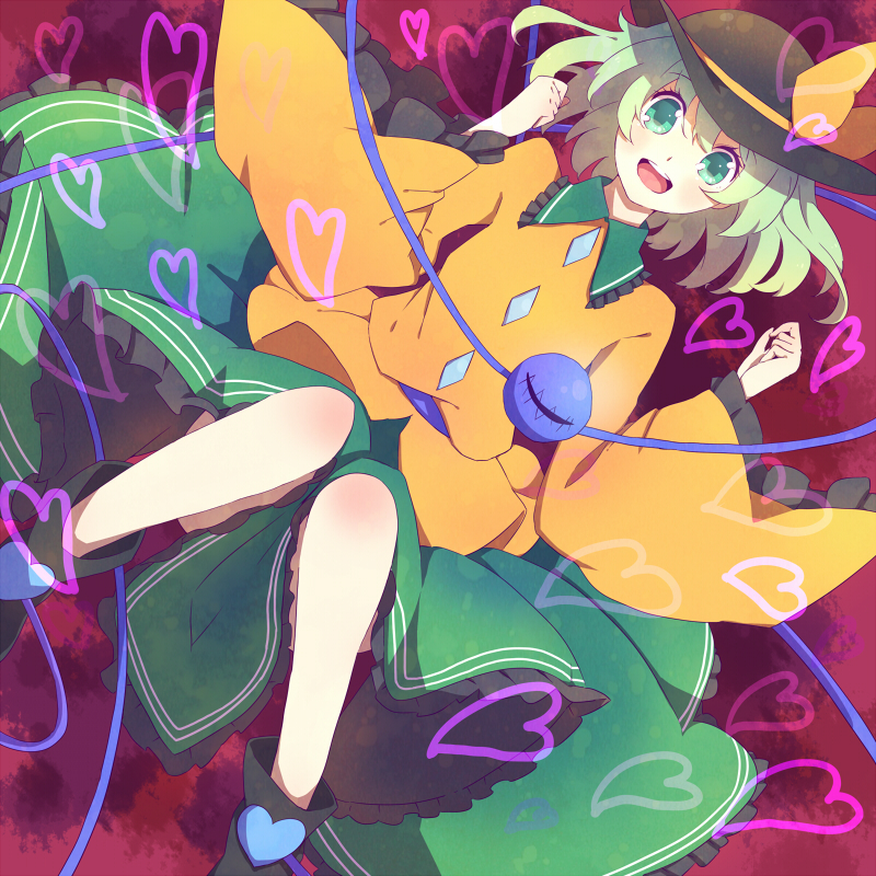 1girl, dress, green_eyes, green_hair, hat, heart, komeiji_koishi, looking_at_viewer