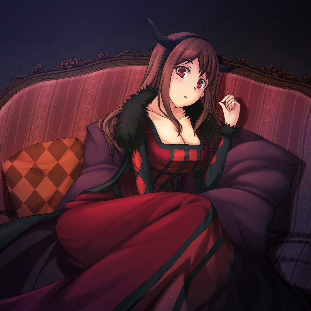 1girl, argyle, breasts, cleavage, couch, dress, horns, huge_breasts