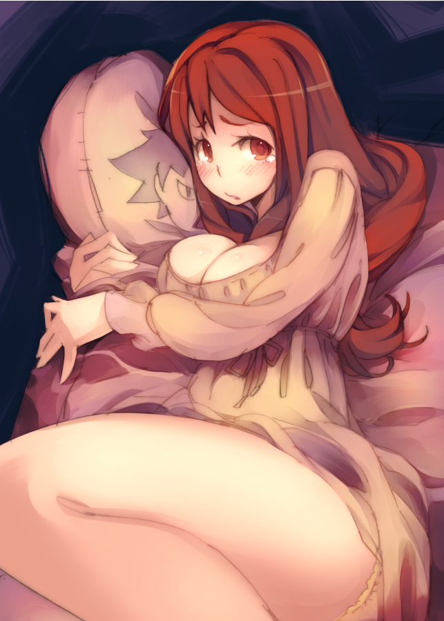 1girl, blush, breasts, cleavage, dakimakura_(object), large_breasts, legs, long_hair