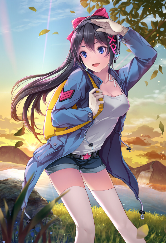 1girl, arm_up, backpack, bag, black_hair, blue_eyes, blush, breasts