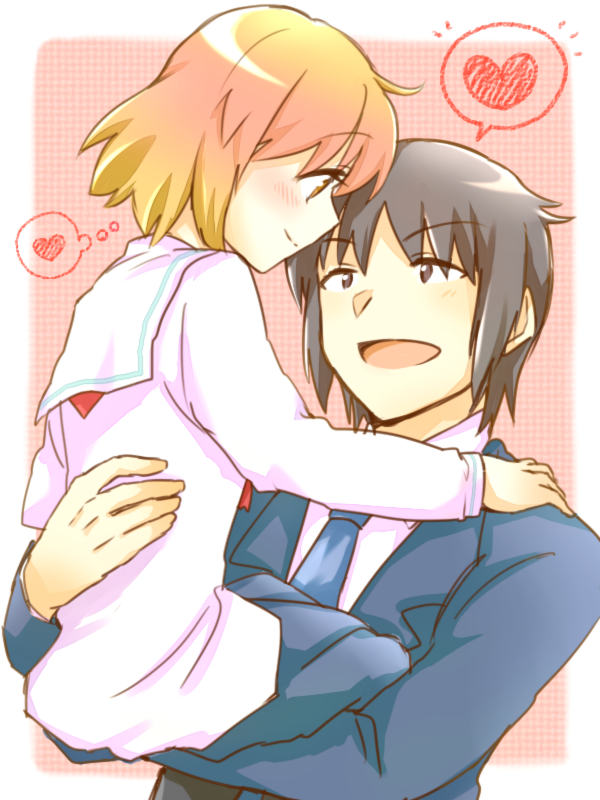 1boy, 1girl, black_hair, blush, couple, heart, kotoura-san, kotoura_haruka