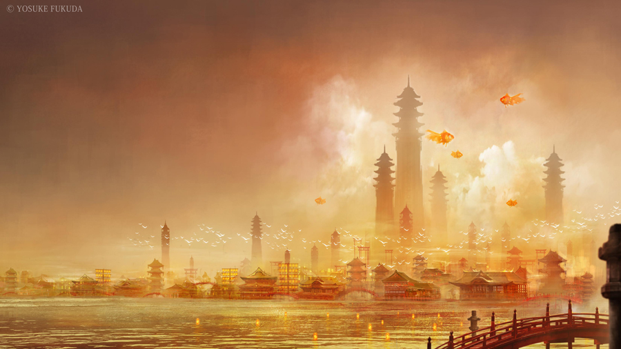 bird, bridge, cityscape, cloud, clouds, east_asian_architecture, fantasy, fish