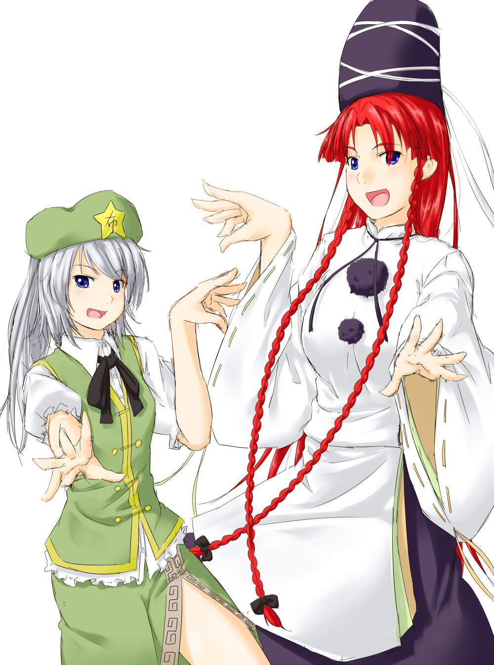 2girls, :d, blue_eyes, braid, cosplay, costume_switch, fighting_stance, hat
