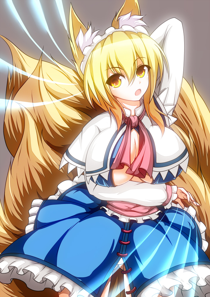 1girl, alice_margatroid, alice_margatroid_(cosplay), animal_ears, arm_up, blue_dress, breast_lift, breasts
