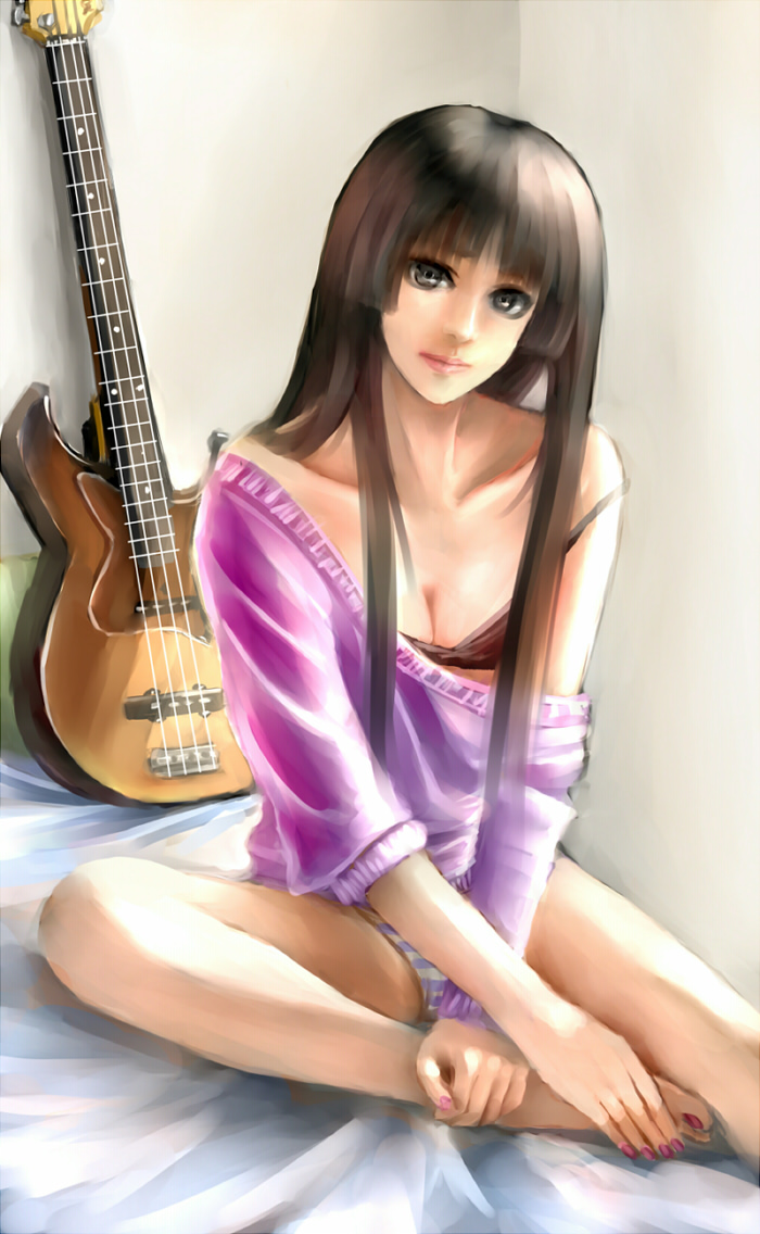 1girl, akiyama_mio, bass_guitar, bed, black_eyes, black_hair, blush, hime_cut