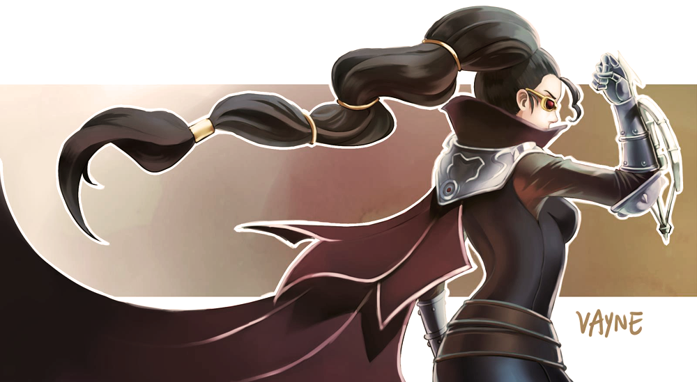 1girl, black_hair, cape, character_name, darkeagle_an, gauntlets, glasses, league_of_legends