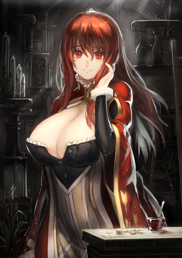 1girl, breasts, cape, cleavage, coin, cup, demon_girl, dress, gold, hair_tucking, large_breasts, long_hair, looking_at_viewer, maou_(maoyuu), maoyuu_maou_yuusha, red_eyes, red_hair, redhead, ryuuzaki_itsu, smile, solo, spoon, sunbeam, sunlight