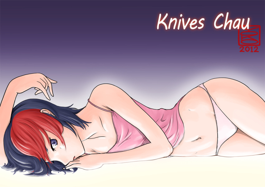 bare_shoulders, black_hair, camisole, character_name, dated, flat_chest, knives_chau, lying, midriff, multicolored_hair, navel, on_side, panties, purple_eyes, red_hair, redhead, scott_pilgrim, solo, spaghetti_strap, two-tone_hair, underwear, violet_eyes, yoko_(chan360)