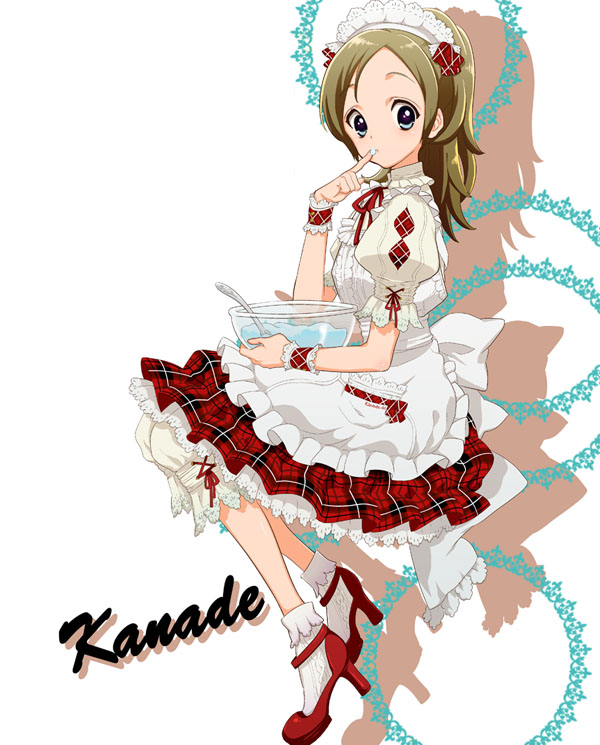 1girl, baking, bloomers, blue_eyes, bobby_socks, bowl, brown_hair, character_name