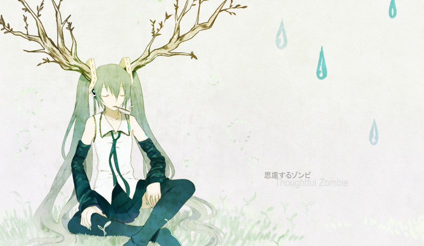 1girl, antlers, closed_eyes, eyes_closed, harano, hatsune_miku, long_hair, shiryosuru_zombie_(vocaloid)