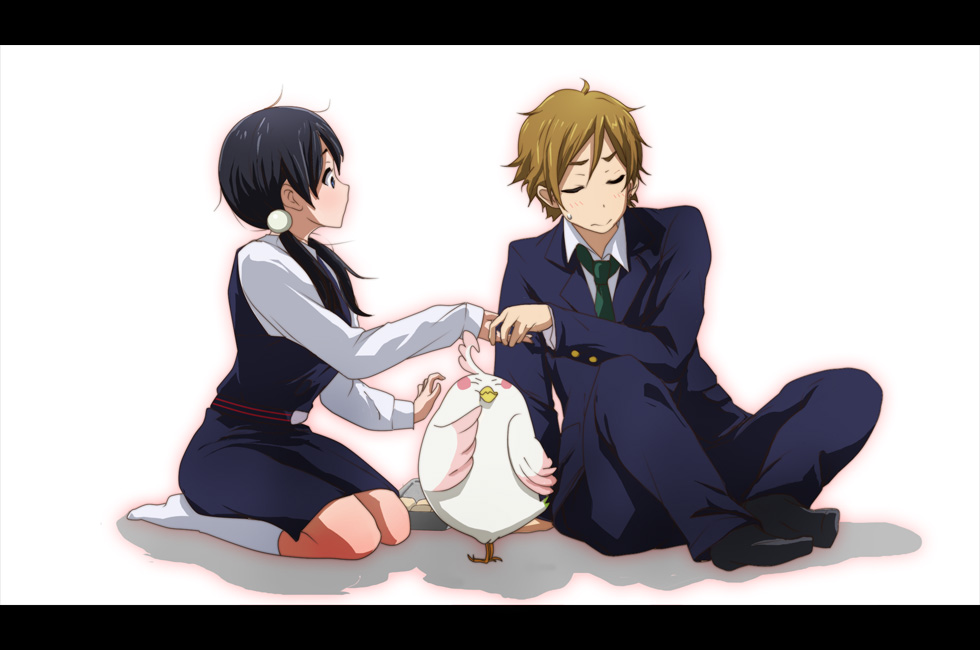 1boy, 1girl, 71, bird, black_hair, blue_eyes, brown_hair, closed_eyes