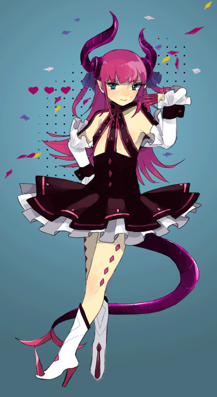 1girl, asami_(space_neko), blue_eyes, boots, detached_sleeves, fate/extra, fate/extra_ccc, fate_(series), flat_chest, high_heels, horns, knee_boots, lancer_(fate/extra_ccc), long_hair, pantyhose, purple_hair, shoes, solo, tail, two_side_up, xxxameiroxxx