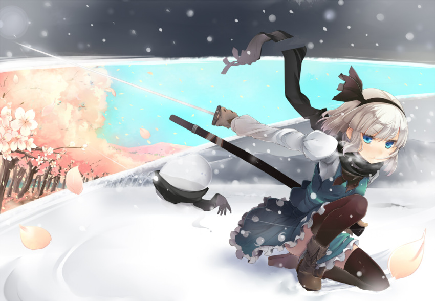 1girl, black_legwear, blue_eyes, cherry_blossoms, hairband, katana, konpaku_youmu, konpaku_youmu_(ghost)