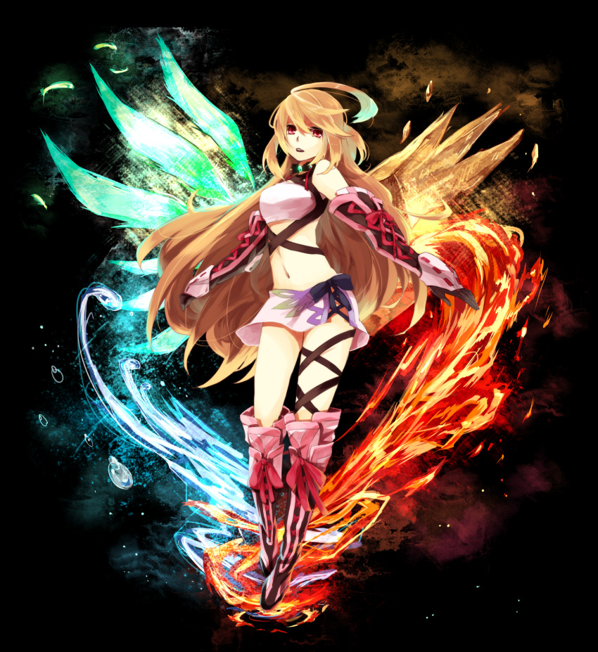 1girl, ahoge, aqua_hair, bandeau, blonde_hair, boots, fire, gloves