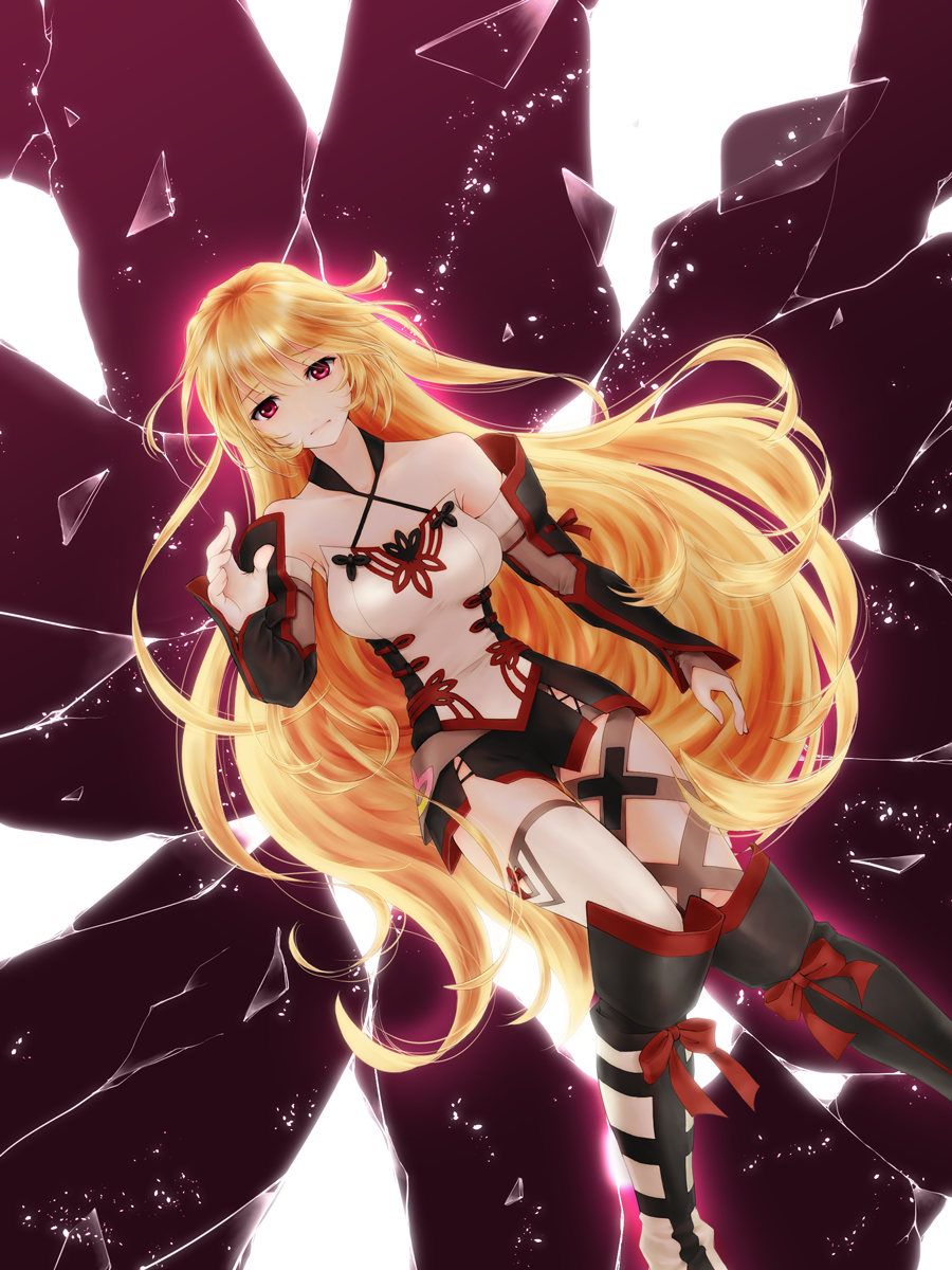 1girl, arm_warmers, bare_shoulders, blonde_hair, boots, broken, highres, kururi_(pixiv2432322), long_hair, milla_(tales_of_xillia_2), milla_maxwell, miniskirt, outstretched_hand, purple_background, red_eyes, sad, single_thighhigh, skirt, solo, tales_of_(series), tales_of_xillia, tales_of_xillia_2, thigh-highs, thighhighs