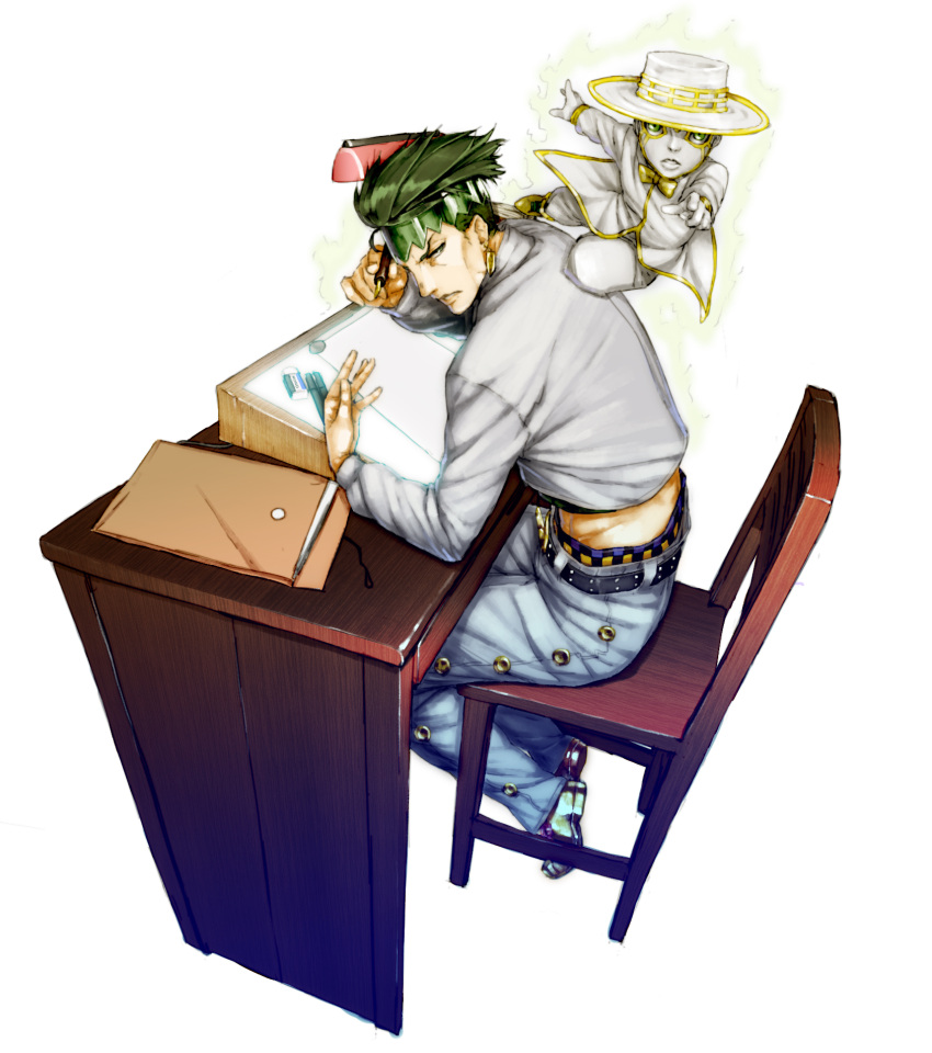 2boys, chair, earrings, green_eyes, green_hair, headband, heaven's_door, heaven's_door