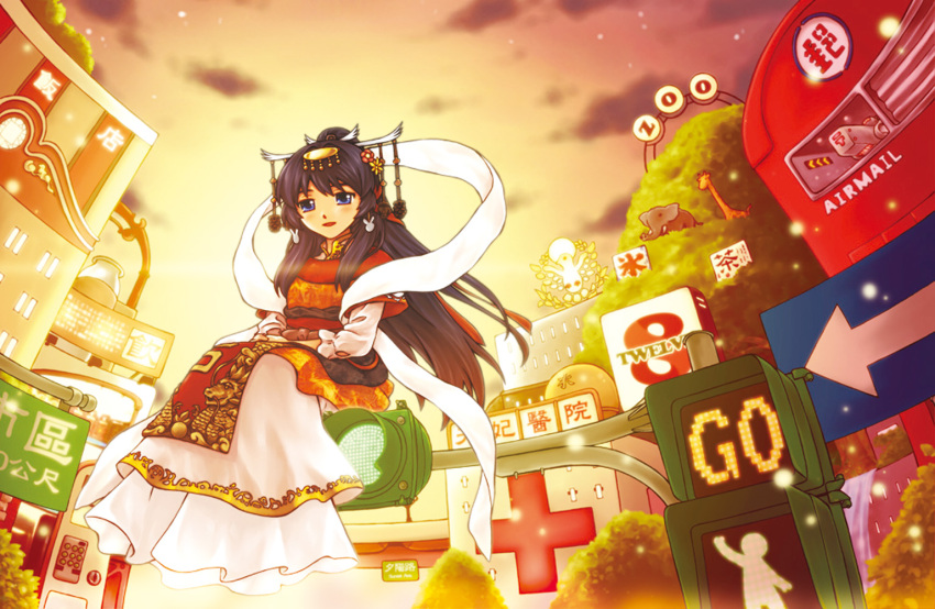acea4, black_hair, blue_eyes, chinese_mythology, long_hair, looking_at_viewer, mazu, original, penghu_tianho_temple, personification, smile, solo