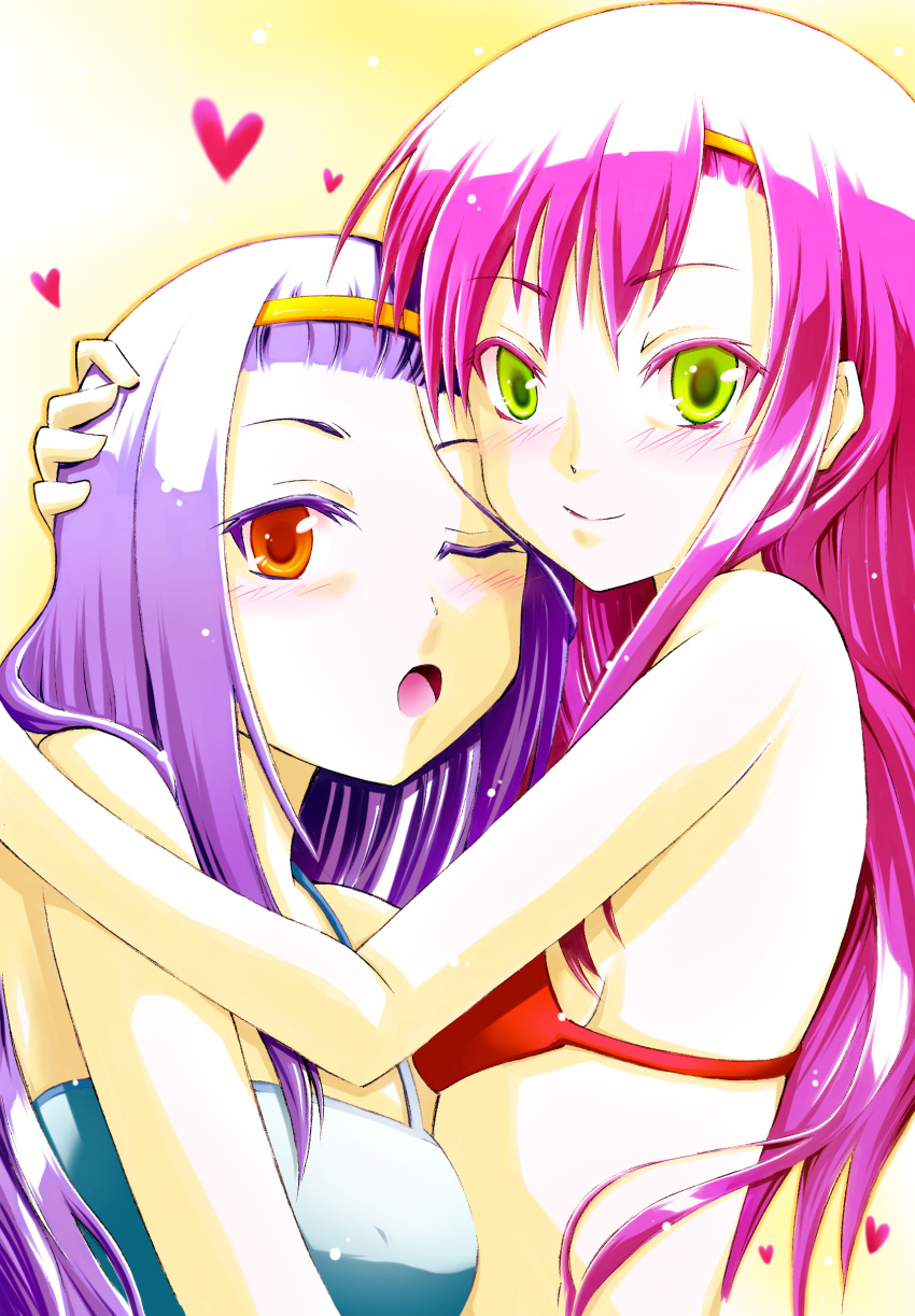 absurdres, bikini, green_eyes, hanabishi_miki, hayate_no_gotoku!, highres, itochin, katsura_hinagiku, long_hair, multiple_girls, orange_eyes, pink_hair, purple_hair, swimsuit, wink, yuri