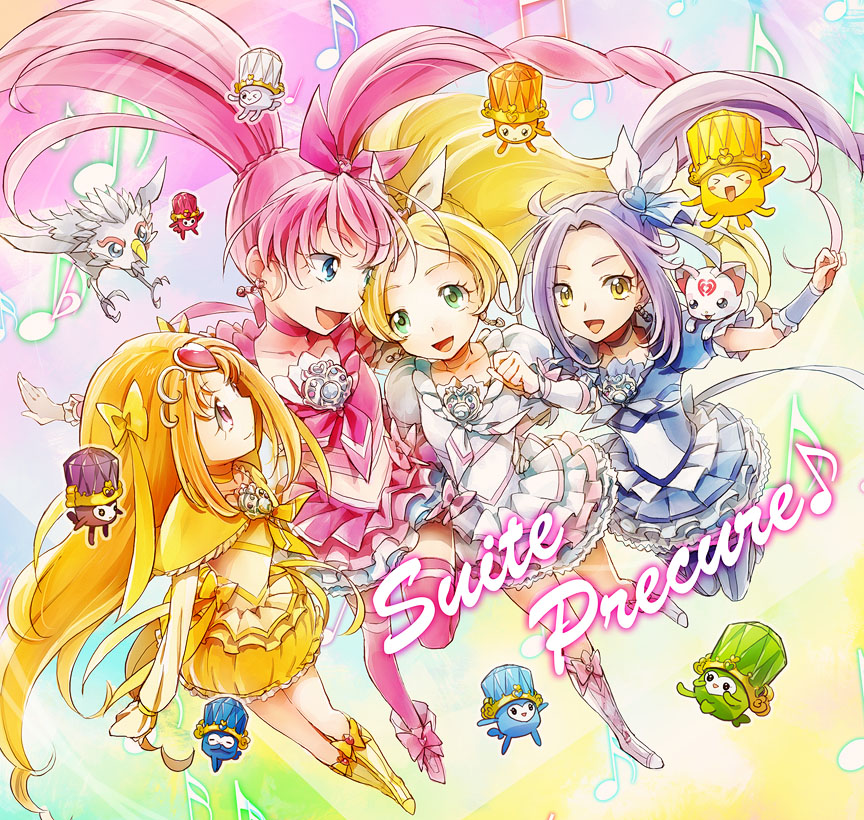 4girls, bird, blonde_hair, blue_eyes, boots, brooch, bubble_skirt, cat