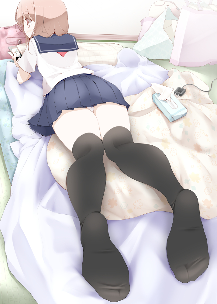 1girl, bag, black_legwear, brown_eyes, brown_hair, cellphone, charger, feet