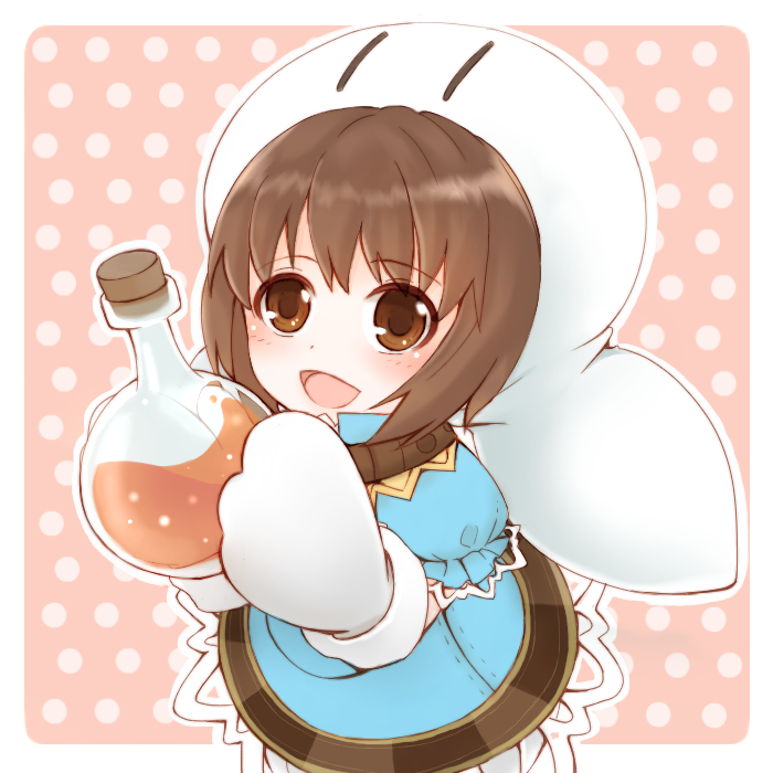 1girl, :d, blush, bottle, brown_eyes, brown_hair, choujigen_game_neptune, cork