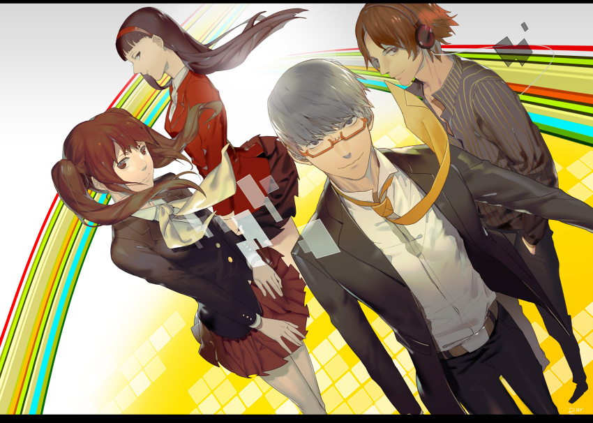 2boys, 2girls, absurdres, amagi_yukiko, black_hair, brown_eyes, brown_hair, formal, grey_eyes, grey_hair, hanamura_yousuke, headphones, highres, kujikawa_rise, long_hair, looking_at_viewer, multiple_boys, multiple_girls, narukami_yuu, necktie, no_legwear, par., persona, persona_4, short_hair, skirt, smile, suit
