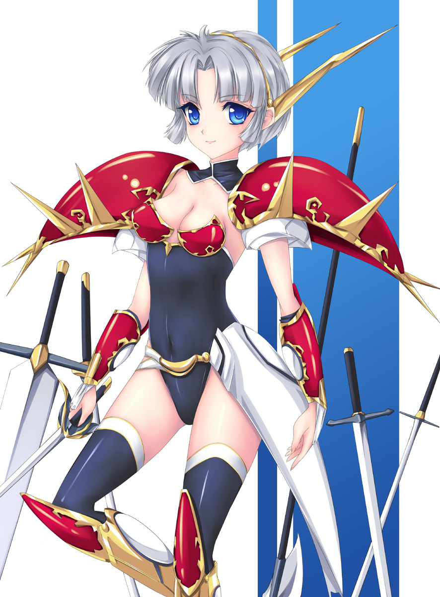 1girl, armor, black_legwear, breasts, cleavage, fred0092, gloves, hairband, highres, langrisser, looking_at_viewer, sherry_(langrisser), short_hair, silver_hair, smile, solo, sword, thigh-highs, thighhighs, weapon