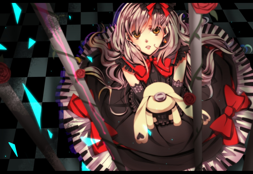 doll, dress, elbow_gloves, gloves, looking_up, maka, mayu_(vocaloid), piano_print
