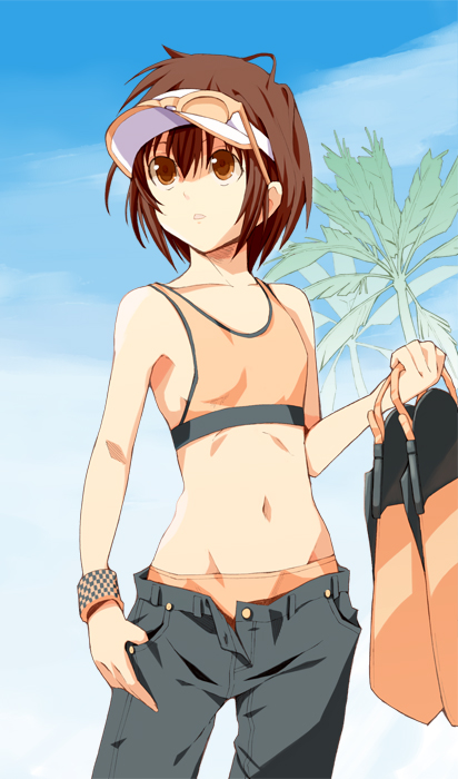 1girl, bare_shoulders, blue_sky, brown_eyes, brown_hair, cloud, clouds, collarbone