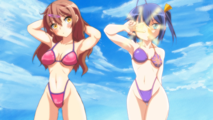2girls, bikini, black_hair, blue_eyes, brown_eyes, brown_hair, chuunibyou_demo_koi_ga_shitai!, glowing, glowing_eye, highleg, highleg_bikini, highleg_swimsuit, long_hair, multiple_girls, nibutani_shinka, no_eyepatch, okan, one_side_up, short_hair, side_ponytail, swimsuit, takanashi_rikka, union_jack