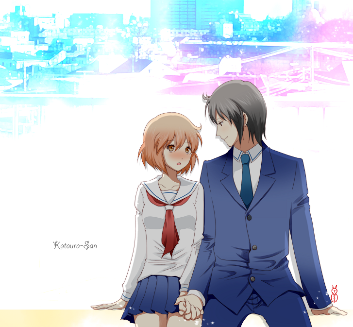 1boy, 1girl, blazer, blush, couple, hand_holding, holding_hands, kotoura-san