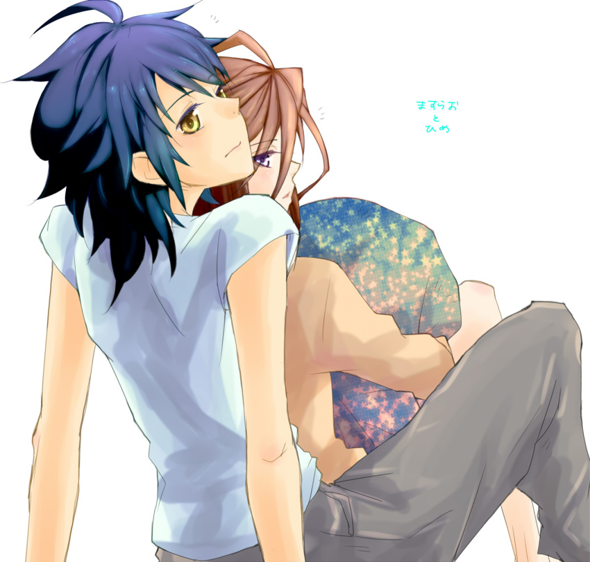 2girls, ahoge, blue_hair, brown_hair, hayate_x_blade, highres, looking_back, masuda_kei