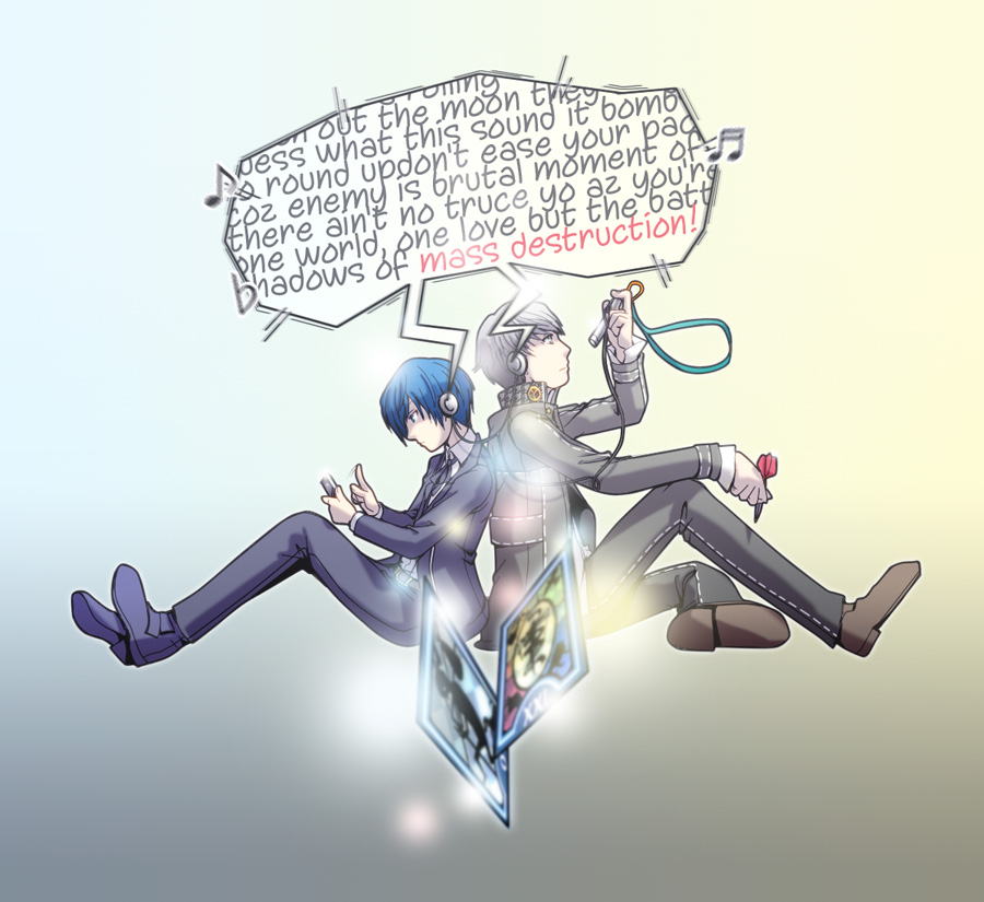 2boys, arisato_minato, blazer, blue_eyes, blue_hair, dart, digital_media_player, dress_shirt, english, grey_hair, headphones, loafers, lyrics, multiple_boys, narukami_yuu, persona, persona_3, persona_4, school_uniform, shared_headphones, shirt, shoes, t0kiwa, tarot, the_fool_(tarot_card), the_world_(tarot_card)