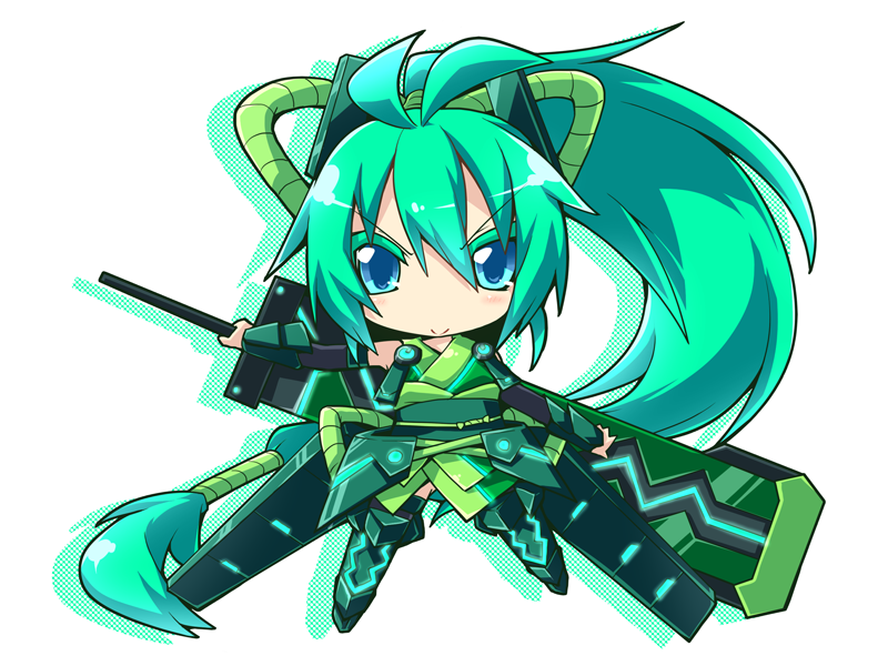 1girl, aqua_eyes, chibi, fusion, gauntlets, greaves, green_hair, headgear