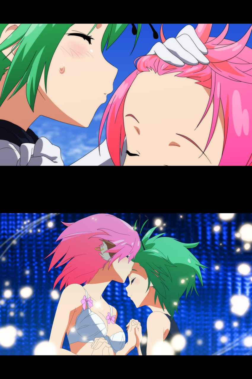 2girls, animal_ears, antennae, blush, bra, cato_(monocatienus), closed_eyes, derivative_work