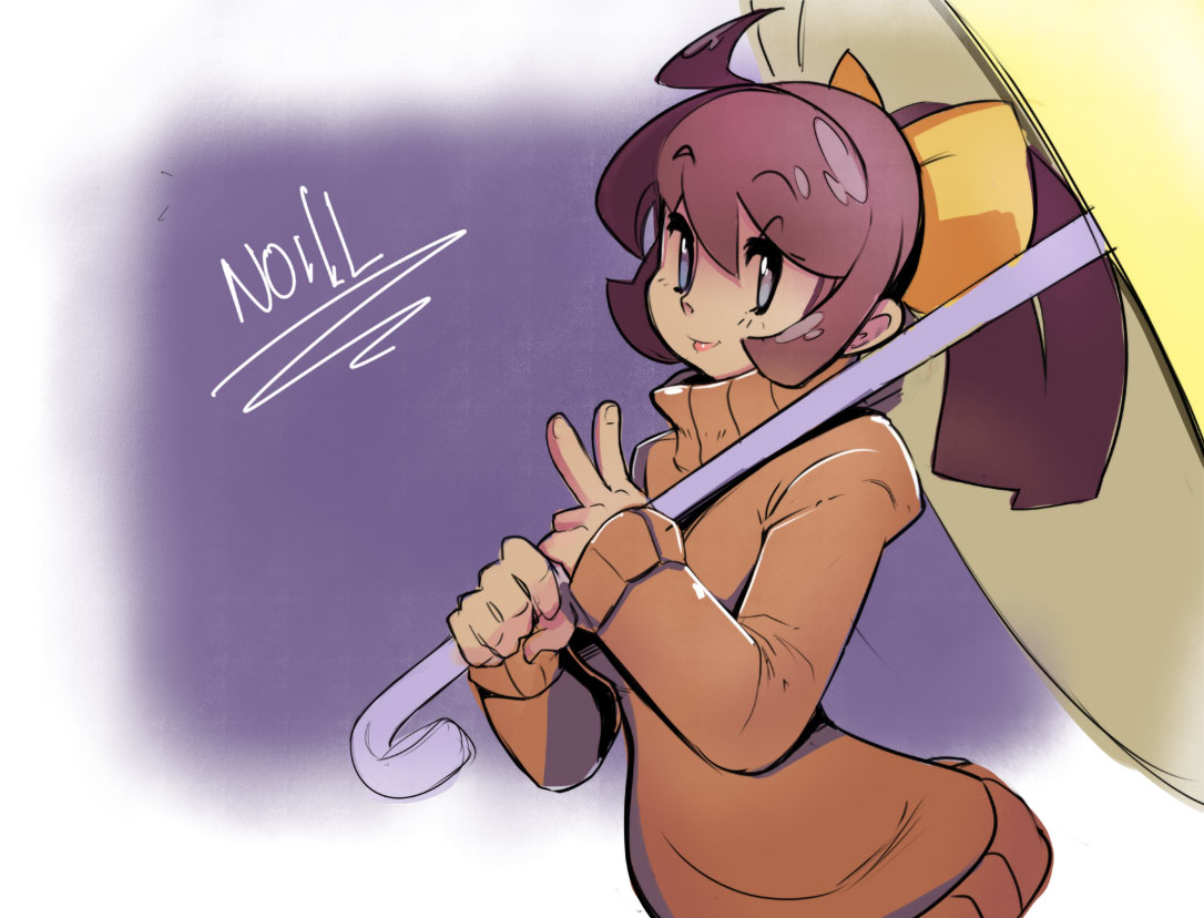 1girl, ahoge, alternate_color, blue_eyes, bow, brown_hair, hair_bow, long_hair, marine_(noill), original, ponytail, sho-n-d, smile, solo, sweater_dress, turtleneck, umbrella, v