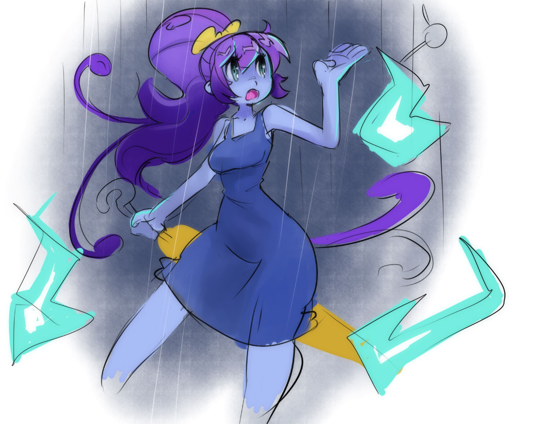 1girl, bare_shoulders, blue_dress, blue_eyes, blue_skin, bow, dress, ghost, hair_bow, hitodama, long_hair, marine_(noill), original, ponytail, purple_hair, rain, sho-n-d, umbrella