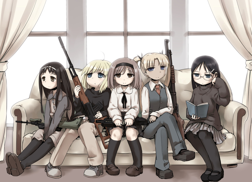 5girls, angelica, assault_rifle, black_hair, black_legwear, blonde_hair, blue_eyes, book