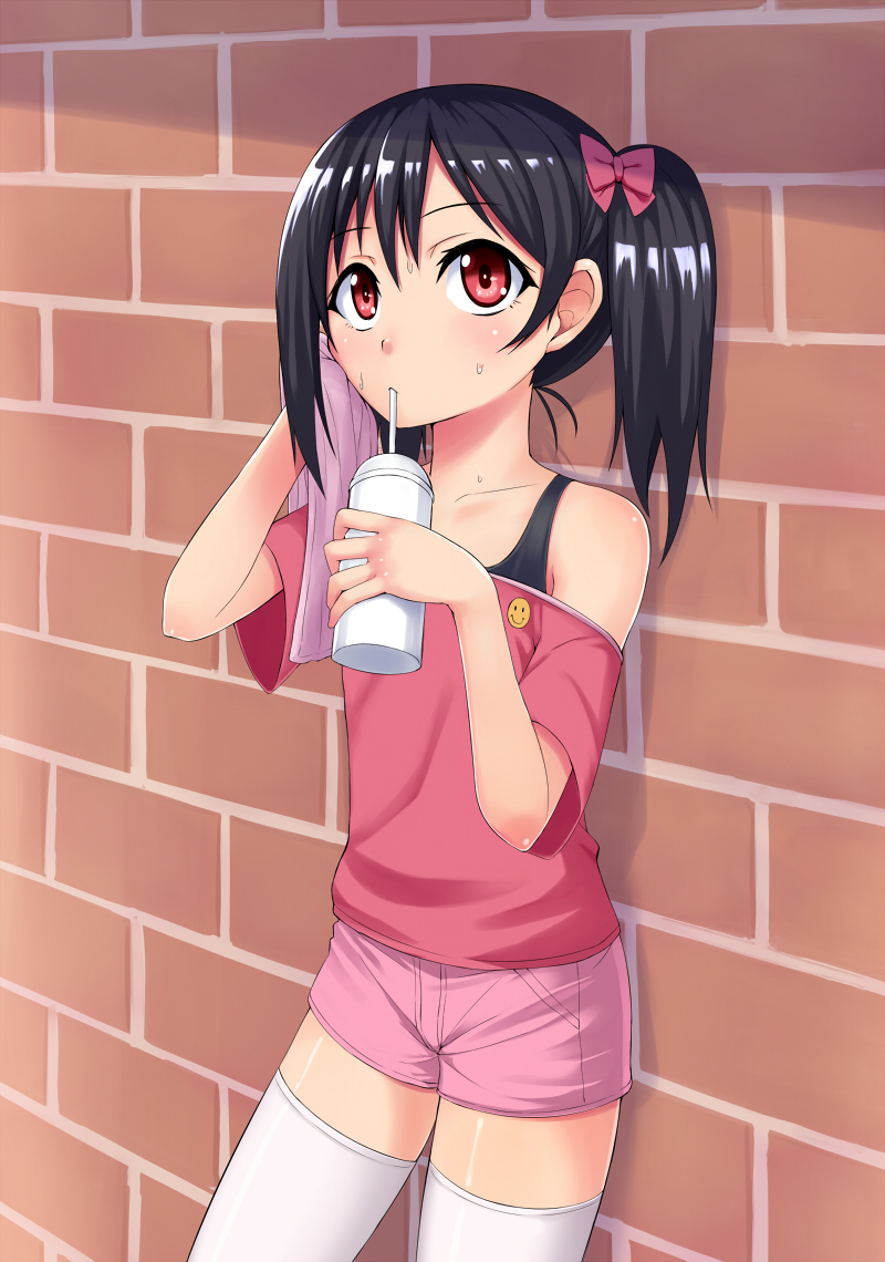 1girl, bare_shoulders, black_hair, coupe50, love_live!_school_idol_project, red_eyes, solo, thigh-highs