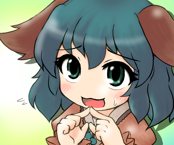 1girl, :3, [], animal_ears, blush, bust, closed_eyes, eyes_closed, fidgeting, fingers_together, flying_sweatdrops, green_eyes, green_hair, kasodani_kyouko, no_nose, open_mouth, short_hair, solo, sweatdrop, touhou