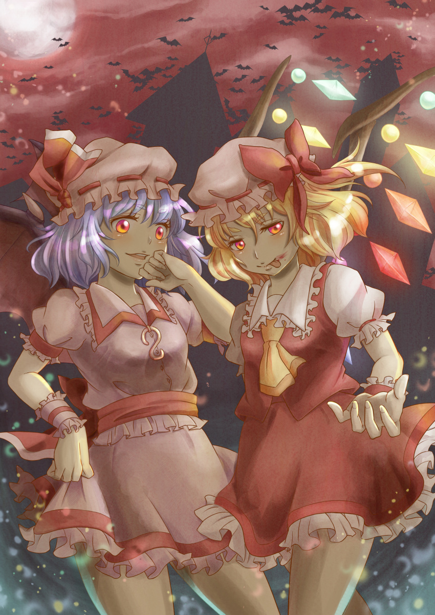 2girls, bat, blood, flandre_scarlet, hat, miku_(mitty39), moon, multiple_girls