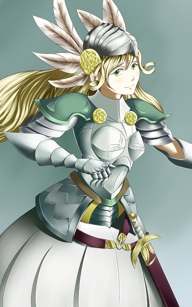 1girl, armor, armored_dress, belt, blonde_hair, blush, breastplate, character_request