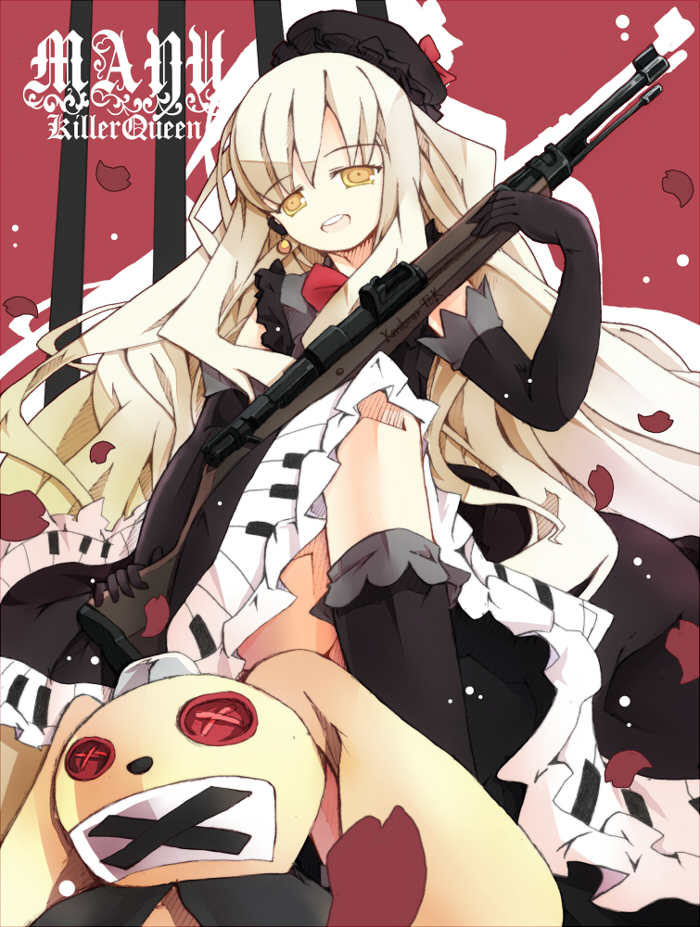 1girl, bondson, doll, elbow_gloves, foreshortening, from_below, gloves, gun, kar98, mayu_(vocaloid), rifle, solo, vocaloid, weapon