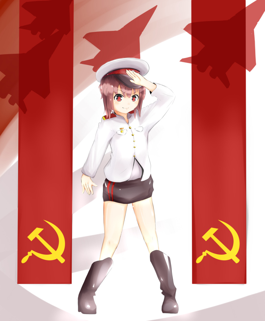 1girl, airplane, boots, brown_hair, communism, epaulettes, fighter_jet, genderswap