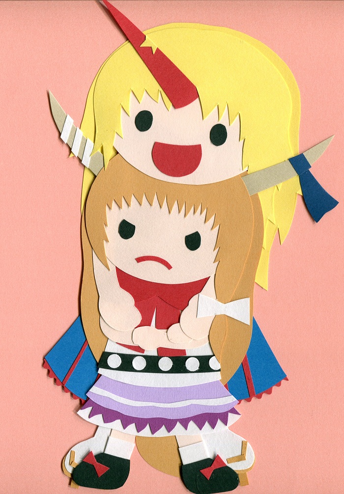 2girls, frown, hoshiguma_yuugi, ibuki_suika, multiple_girls, paper_(medium), papercraft, poru_(tohopunk)