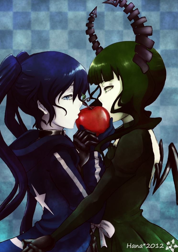 2girls, apple, arm_around_waist, black_rock_shooter, black_rock_shooter_(character), blue_eyes, blue_hair, braid, checkered, checkered_background, dead_master, food, fruit, gloves, green_eyes, green_hair, hana_keijou, hoodie, horns, long_hair, looking_at_viewer, multiple_girls, pale_skin, shared_food, twin_braids, very_long_hair, wings, yuri