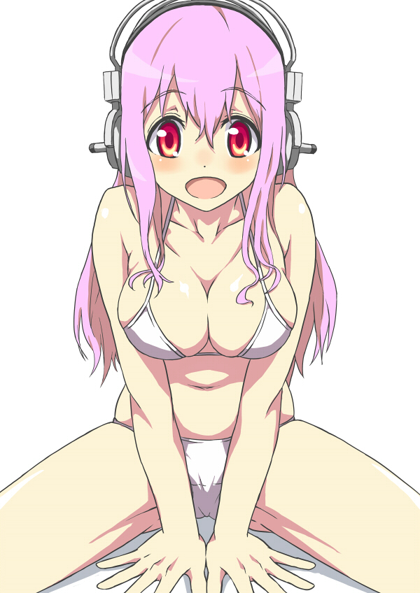 1girl, bikini, blush, breasts, headphones, large_breasts, long_hair, looking_at_viewer