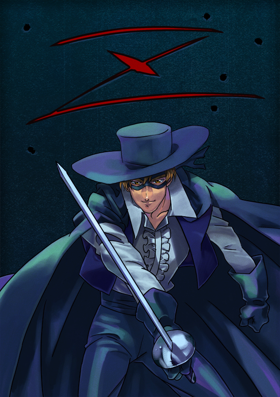 cape, gloves, hat, kaiketsu_zorro, light_brown_hair, mask, rapier, solo, sword, zorro