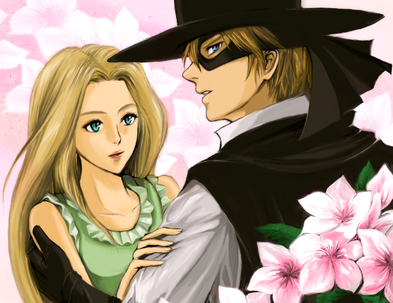 blonde_hair, blue_eyes, flower, gloves, hat, kaiketsu_zorro, light_brown_hair, lolita_pulido, mask, pink_background, zorro